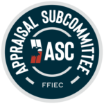 charcoal gray circle seal with white curved text, Appraisal Subcommittee, around the edge. Center icon of an eagle's head facing right on white and red rectangular background, eagle faces ASC in large white text. in smaller font, FFIEC at the center bottom of the seal.