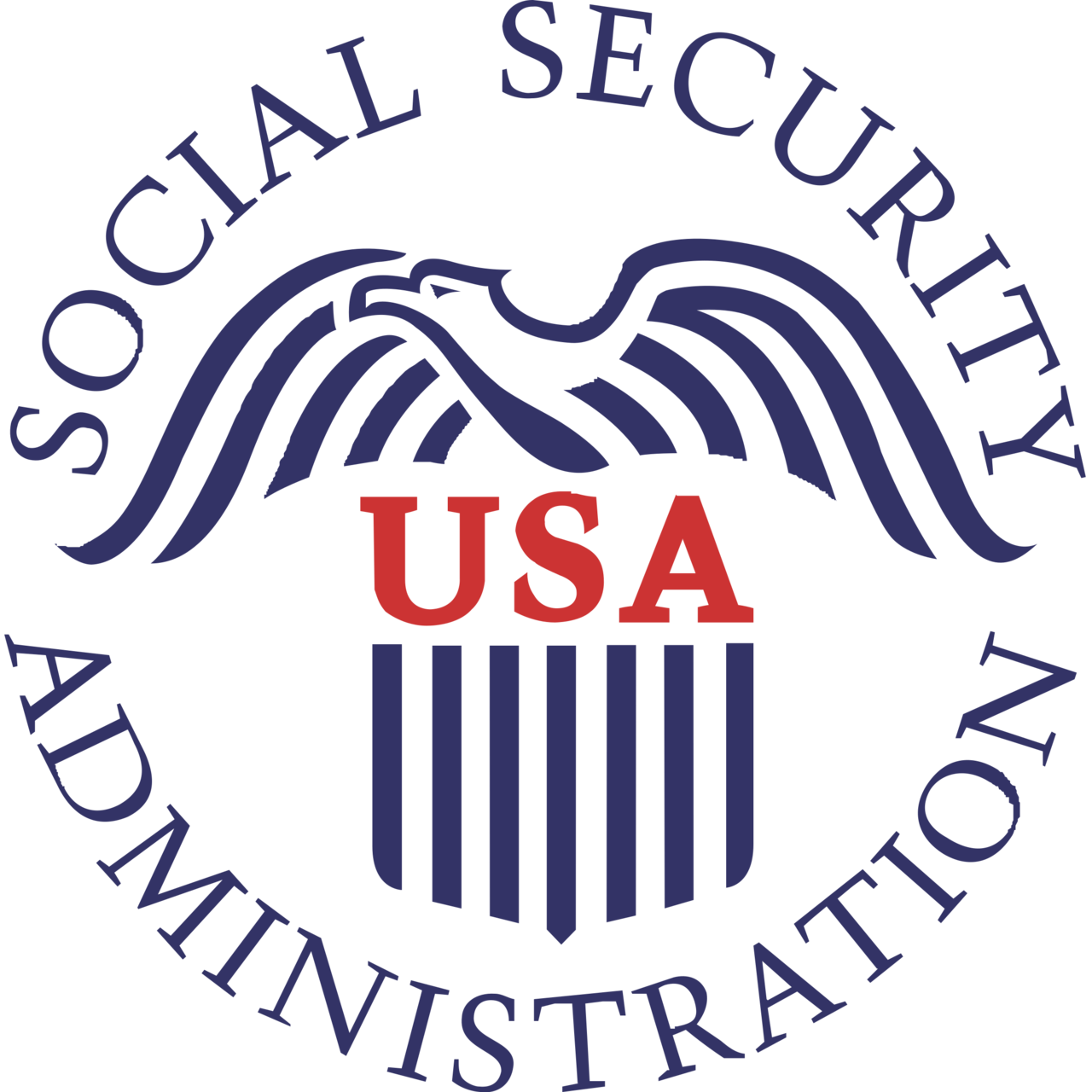 Social Security Administration seal of the Social Security Administration with the agency name in navy blue curved in a circle. center illustration of a blue eagle with wings outstretched over a shield with USA in red and blue lines below