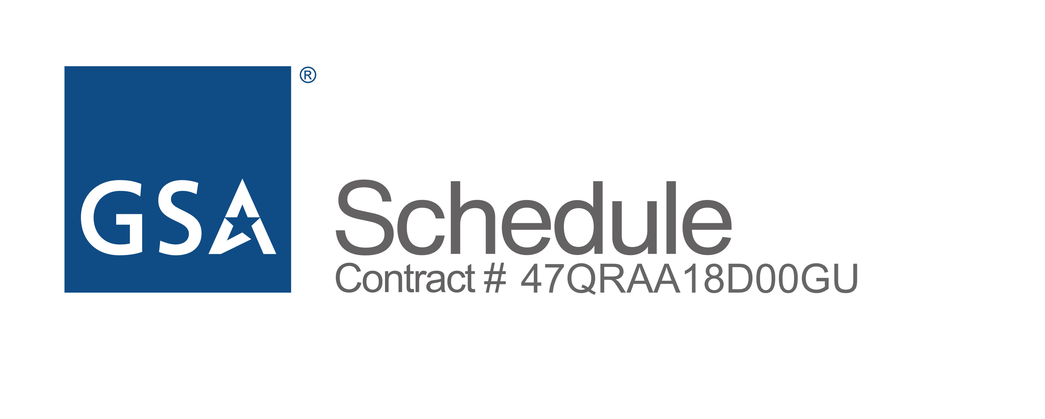 blue square at left with white text reading GSA with the A stylized to have negative space look like a star. Gray text at right reads Schedule in large font, with Contract # 47QRAA18D00GU below in smaller gray font.