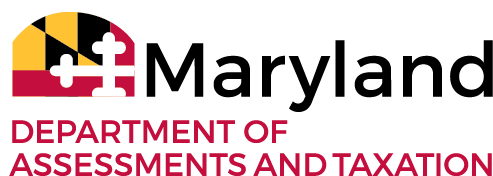 Maryland Department of Assessments and Taxation small Maryland state flag and red and black text Maryland Department of Assessments and Taxation