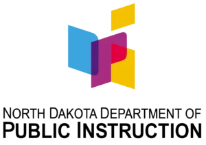 cyan, magenta, and yellow planes oriented to intersect with each other and form stylized shapes of D, P, and a lowercase I. North Dakota Department of Public Instruction Black text below