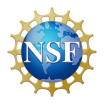 Letters NSF layered on a blue image of earth with land masses in white, water in blue on top of a gold sunburst as the seal of the National Science Foundation (NSF)