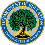 blue and yellow seal with Department of Education on top of circle, United States of America on bottom of circle. Center illustration of a sun rising behind an oak tree