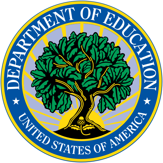 blue and yellow seal with Department of Education on top of circle, United States of America on bottom of circle. Center illustration of a sun rising behind an oak tree