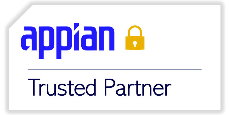 logo for Appian trusted partner program. appian in royal blue text with a gold icon of a lock. Trusted Partner below in thin black font