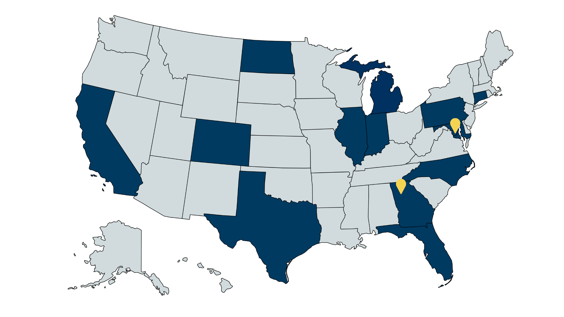 KLSA Locations Map a gray map of the United States with thin black lines for state borders. CA, CO, ND, TX, IL, IN, MI, GA, FL, NC, MD, DC, PA, and CT are shaded in dark blue to represent states where KLSA employees are located. Yellow pin maps indicate Atlanta, GA and Washington, DC for KLSA office locations