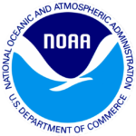 White circle with the words "National Oceanic and Atmospheric Administration - U.S. Department of Commerce" around the outside of the circle and a dark blue and light blue wave illustration with the letters NOAA as the seal of National Oceanic and Atmospheric Administration - U.S. Department of Commerce.