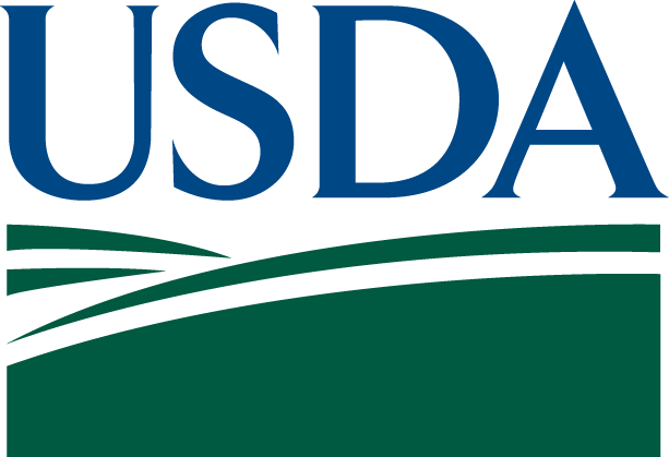 US Department of Agriculture logo for the US Department of Agriculture with USDA in bold blue font above dark green decorative elements that represent rolling hills or fields