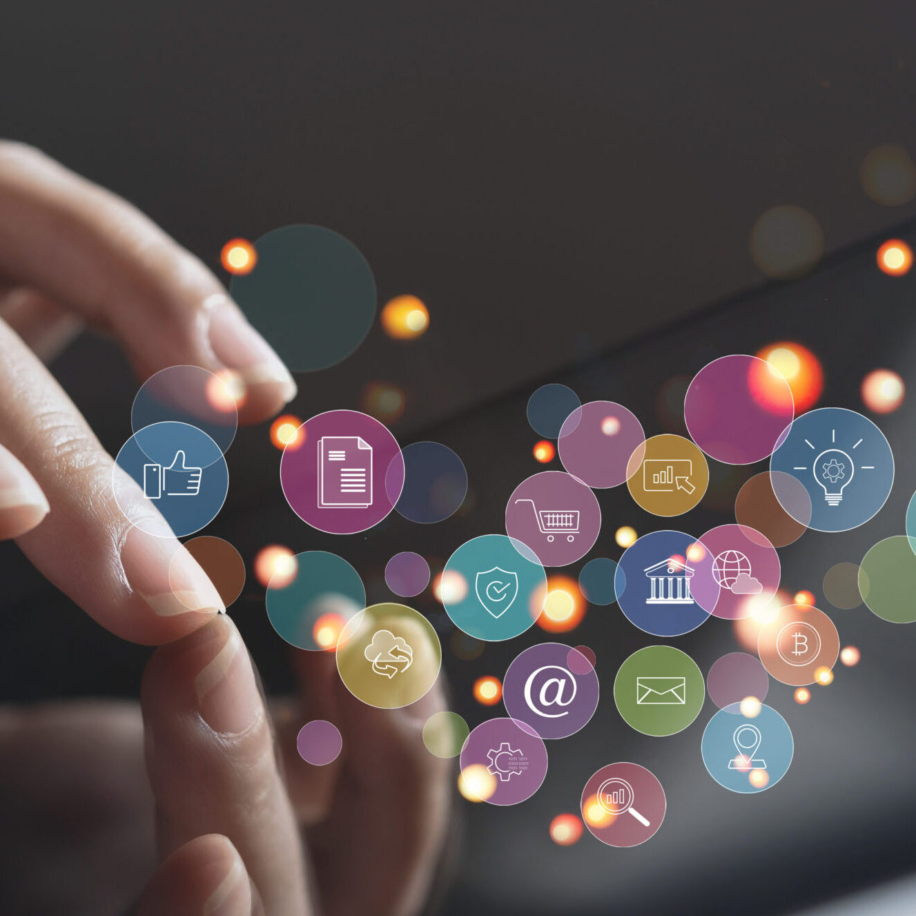 Internet of Things IoT, digital marketing, online shopping concept, Woman using digital tablet with internet network connection, social media, technology icons on virtual screen